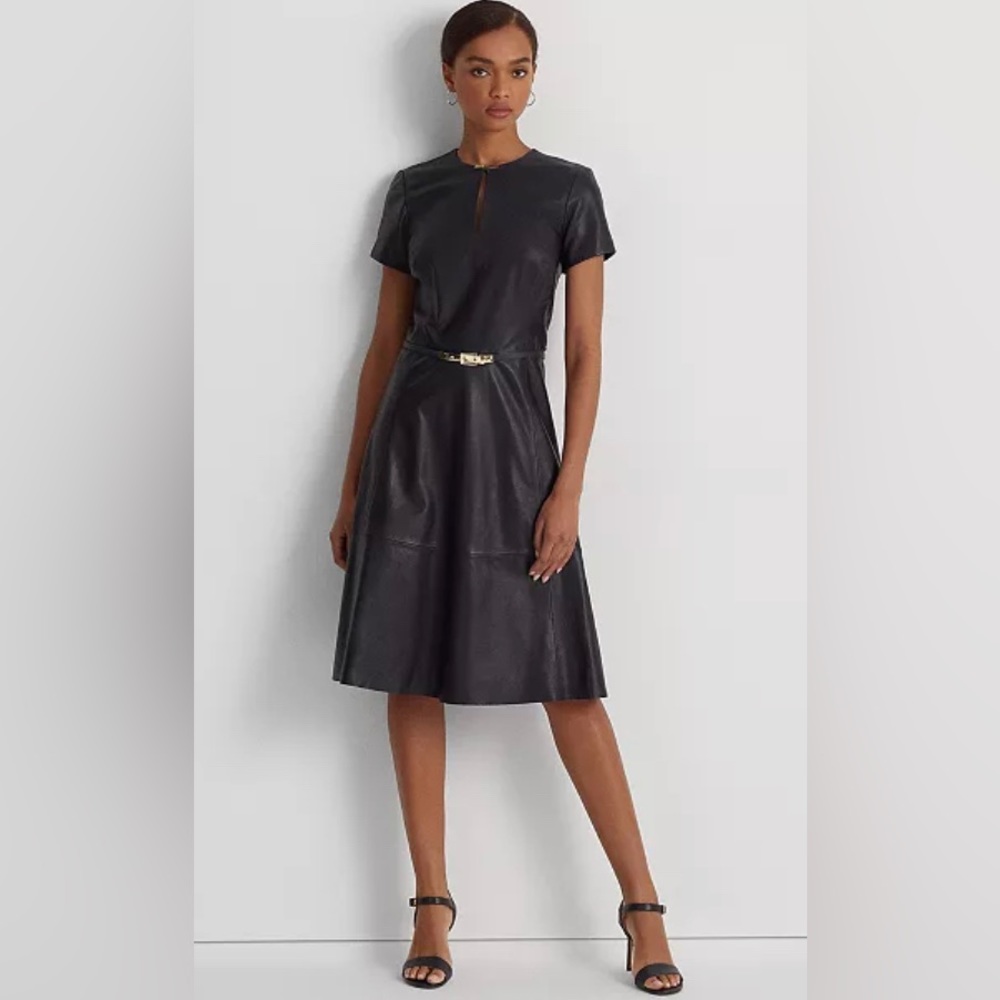 NWT- Ralph Lauren Navy Belted Stretch Leather Dress, Size 2